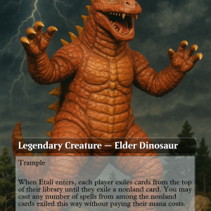 Etali, Primal Conqueror // Sickness – Dinosaur Rubber Suit MTG Card