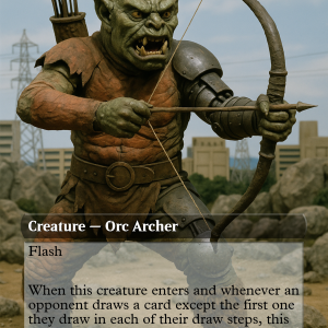 Orcish Bowmasters – Kaiju Arena Showdown Magic Card Art (Vintage Tokusatsu Style)